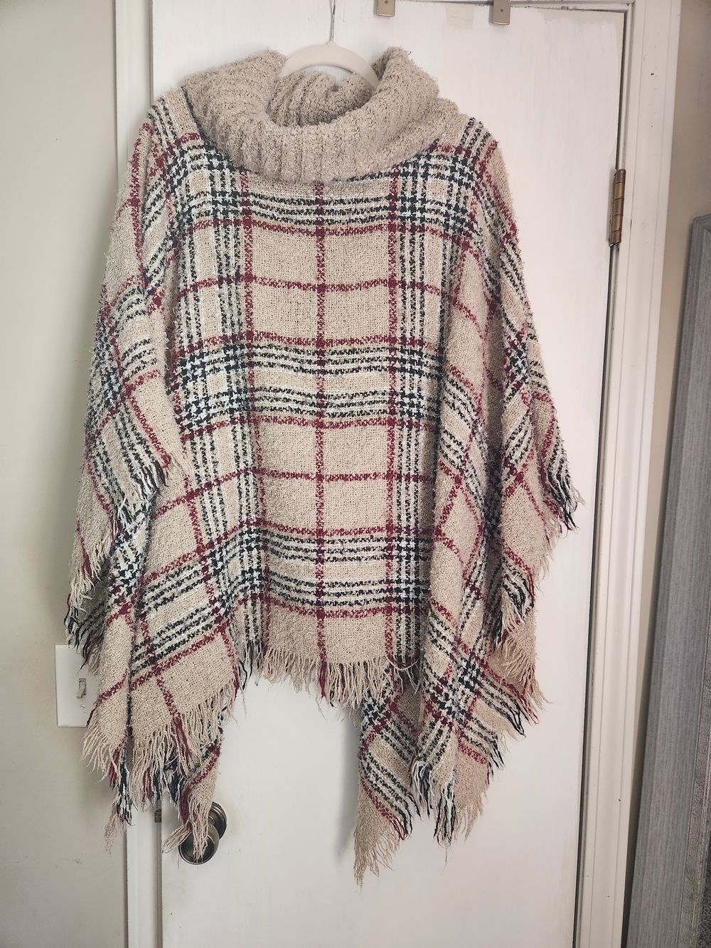 Turtleneck Plaid Fringe Poncho Sweater - Cream